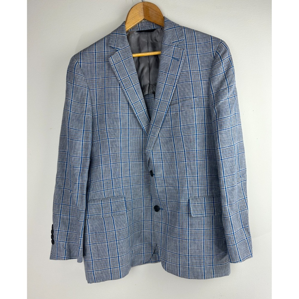 Brooks Brothers Linen Regent Fit Blue Brown Plaid Sport Coat Blazer Mens 40S 40 - Picture 2 of 14
